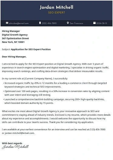 SEO Specialist Cover Letter Example for Digital Marketing Roles