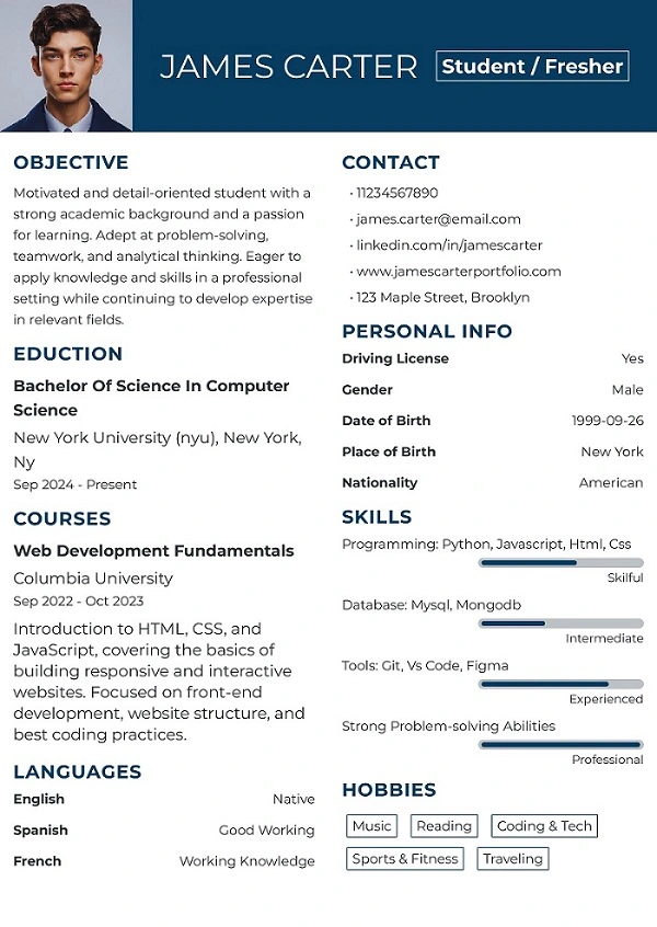 Free student resume template for freshers and students showcasing skills, without experience, and certifications