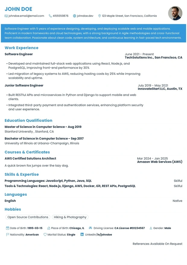 professional software engineer resume preview