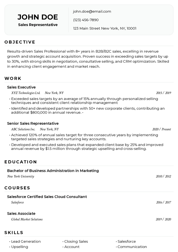 Marketing and sales resume template showcasing skills, experience, and certifications