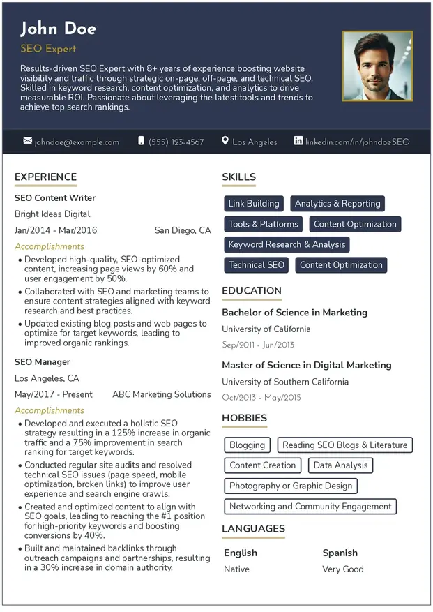 SEO expert resume template showcasing skills, experience, and certifications