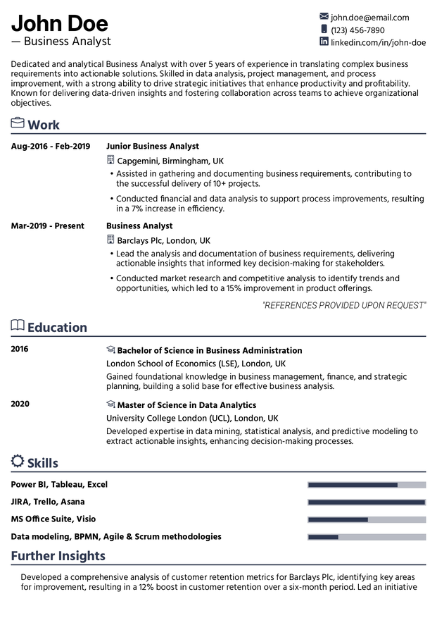 Business analyst resume template showcasing skills, experience, and certifications