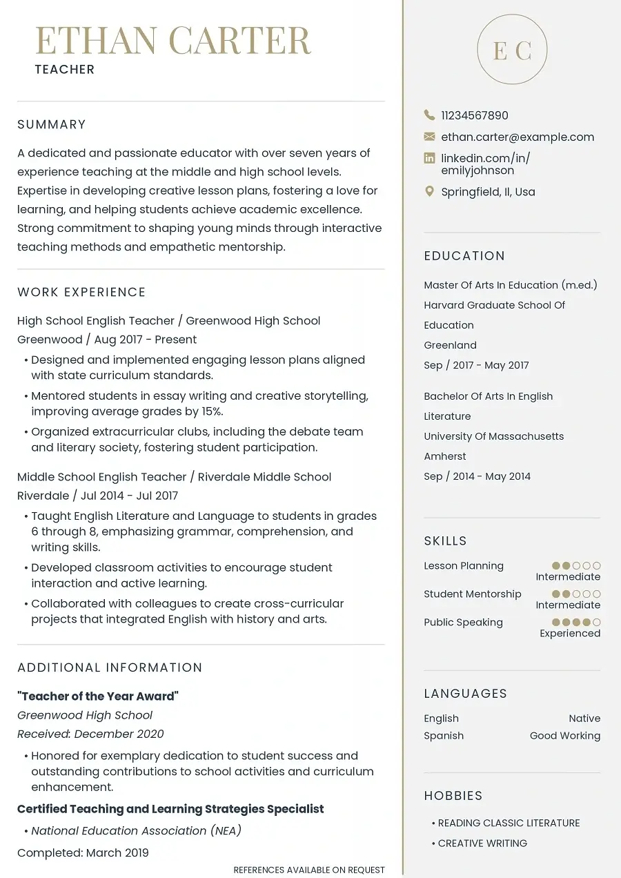 Free executive resume template for teachers showcasing skills, experience, and certifications