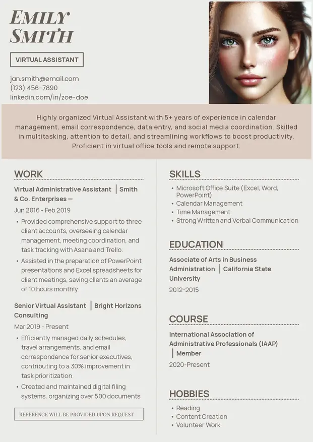 Virtual assistant resume template designed for women showcasing skills, experience, and certifications