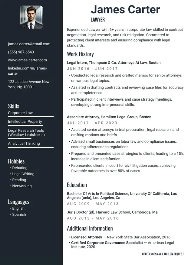 Lawyer resume template showcasing skills, experience, and certifications