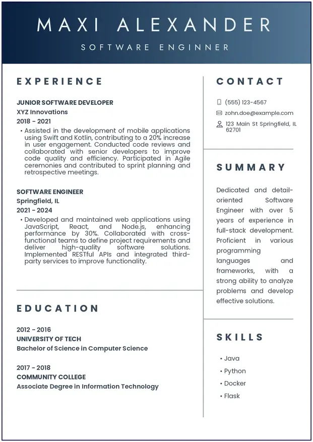 Software engineer resume template showcasing skills, experience, and certifications