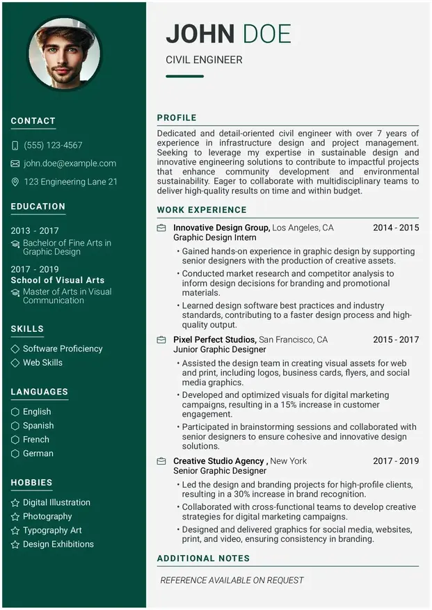 Civil engineer resume template showcasing skills, experience, and certifications